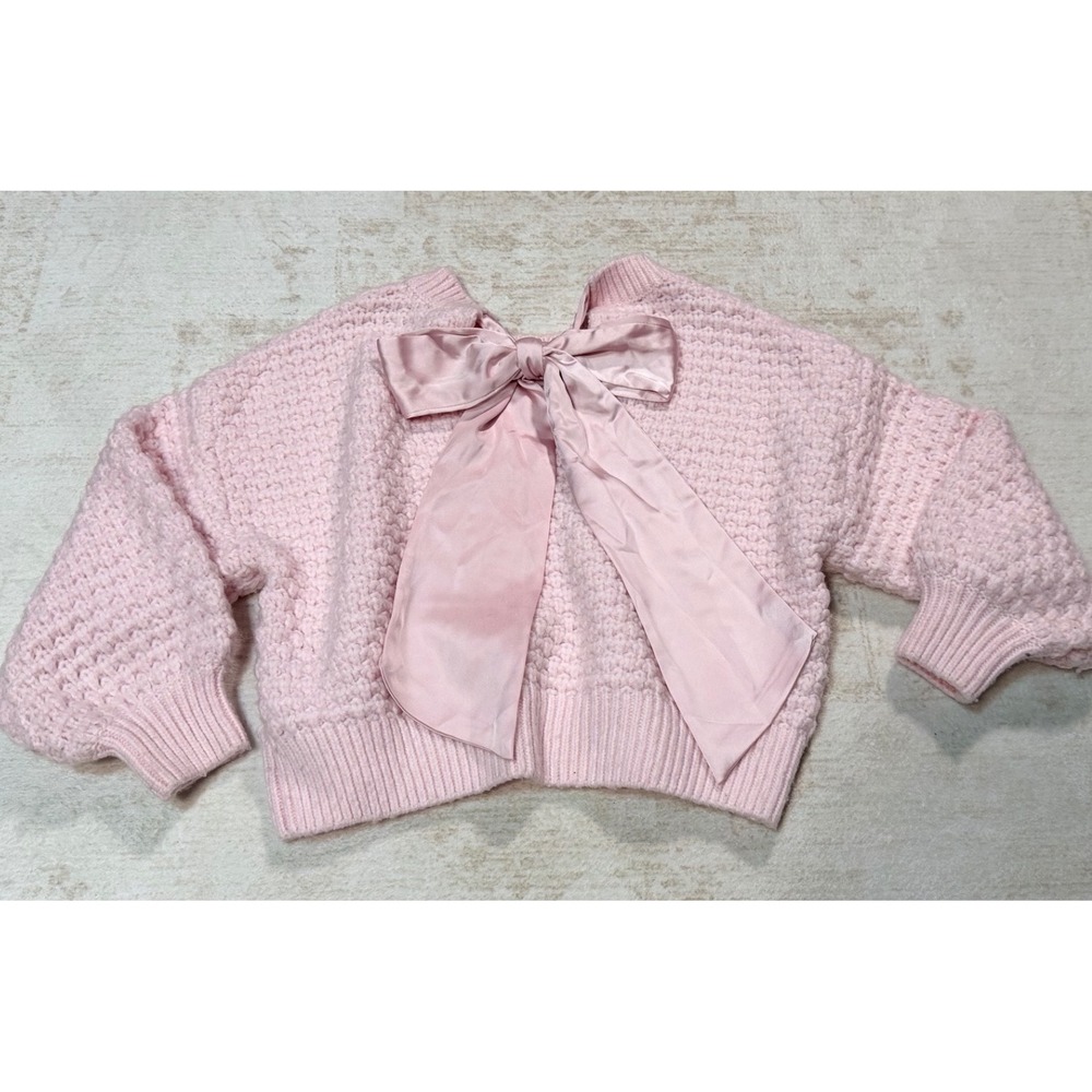 Altar'd State Pink Chunky Knit Sweater Satin Bow Back Puff Sleeve Small